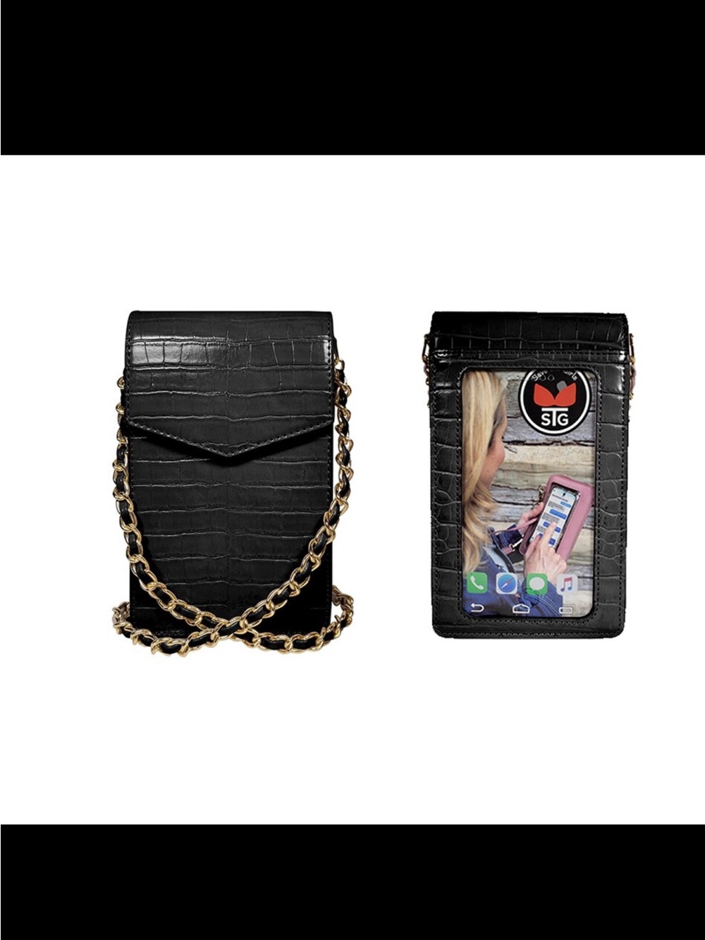 New Black save the Girls Croc-Embossed Phone Crossbody with Touchscreen RFID